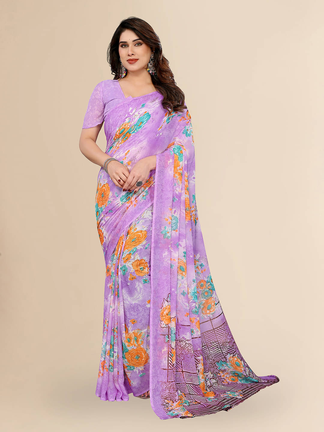     			ANAND SAREES Georgette Printed Chanderi saree With Unstitched Blouse Piece ( Purple )