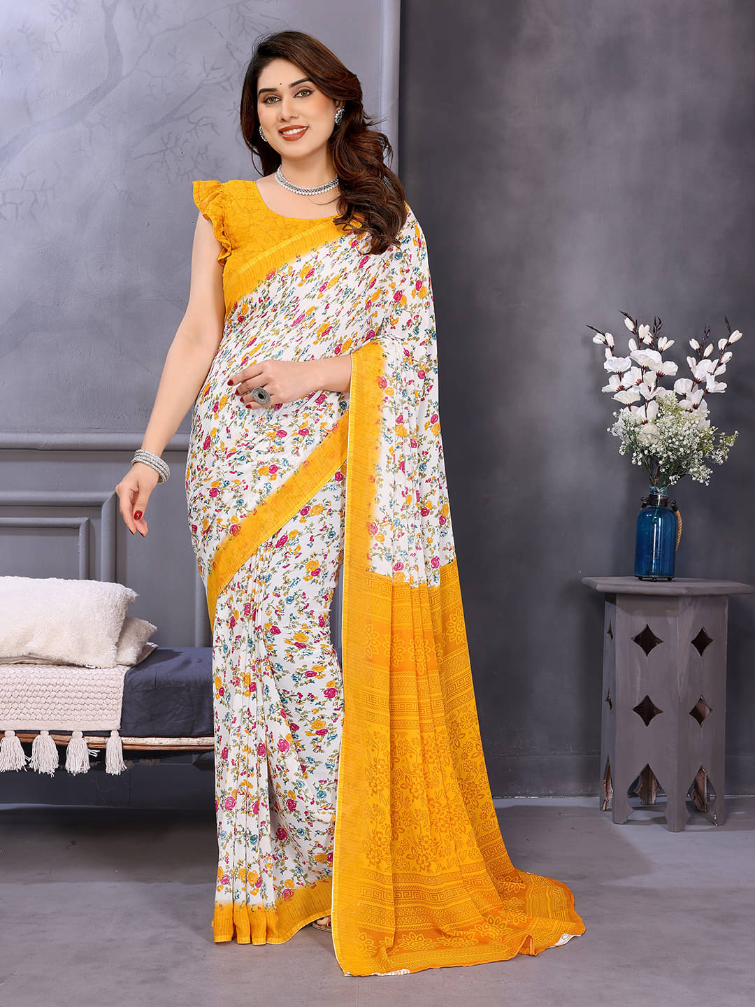 ANAND SAREES Georgette Printed Chanderi saree With Unstitched Blouse Piece ( Yellow ) ANAND SAREES Georgette Printed Chanderi saree With Unstitched Blouse Piece ( Yellow )