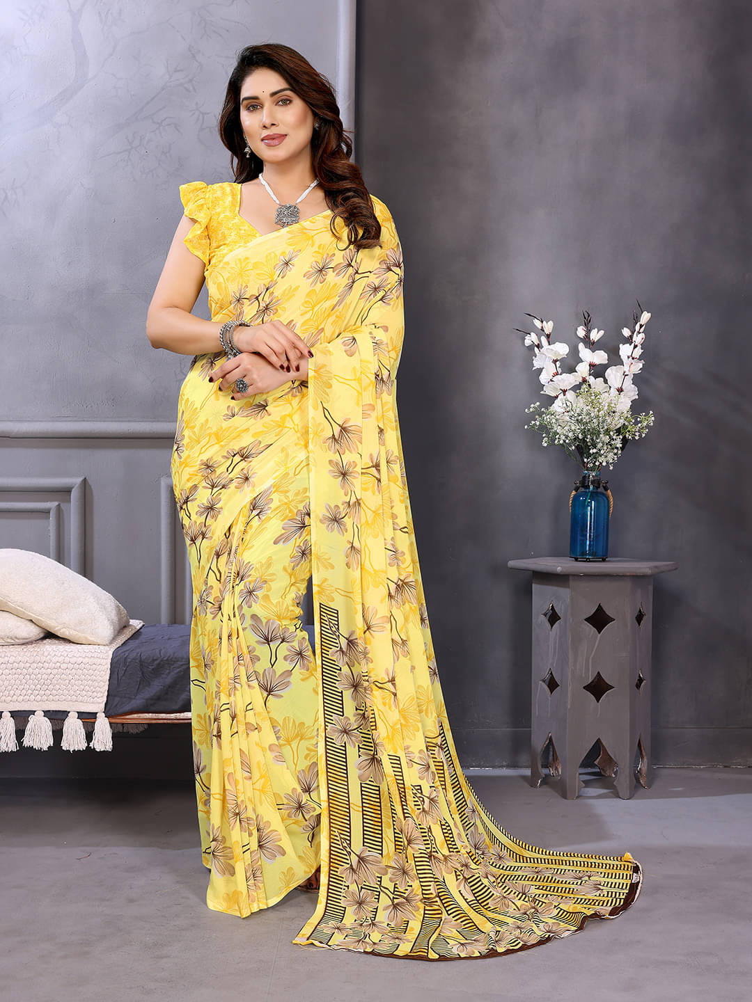     			ANAND SAREES Georgette Printed Chanderi saree With Unstitched Blouse Piece ( Yellow )