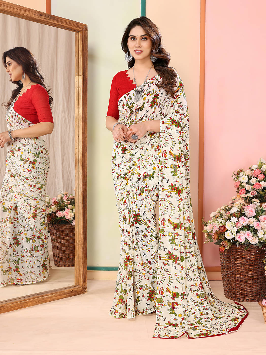ANAND SAREES Georgette Printed Chanderi saree With Unstitched Blouse Piece ( White ) ANAND SAREES Georgette Printed Chanderi saree With Unstitched Blouse Piece ( White )