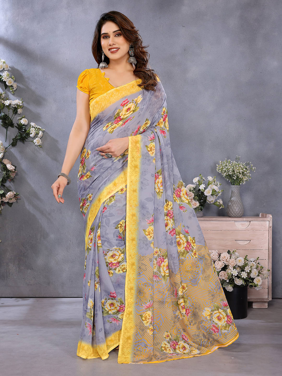 ANAND SAREES Georgette Printed Chanderi saree With Unstitched Blouse Piece ( Grey ) ANAND SAREES Georgette Printed Chanderi saree With Unstitched Blouse Piece ( Grey )
