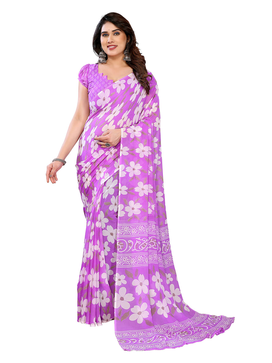     			ANAND SAREES Georgette Printed Chanderi saree With Unstitched Blouse Piece ( Purple )