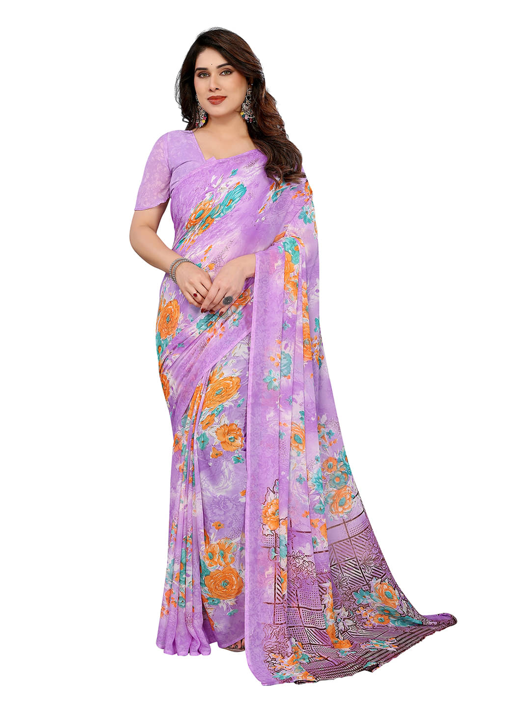     			ANAND SAREES Georgette Printed Chanderi saree With Unstitched Blouse Piece ( Purple )
