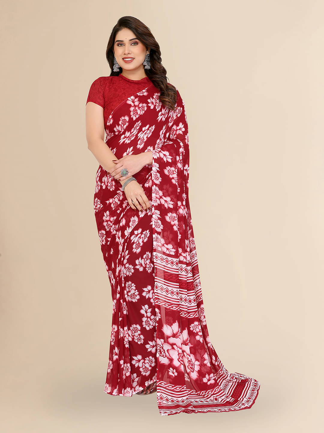     			ANAND SAREES Georgette Printed Chanderi saree With Unstitched Blouse Piece ( Maroon )