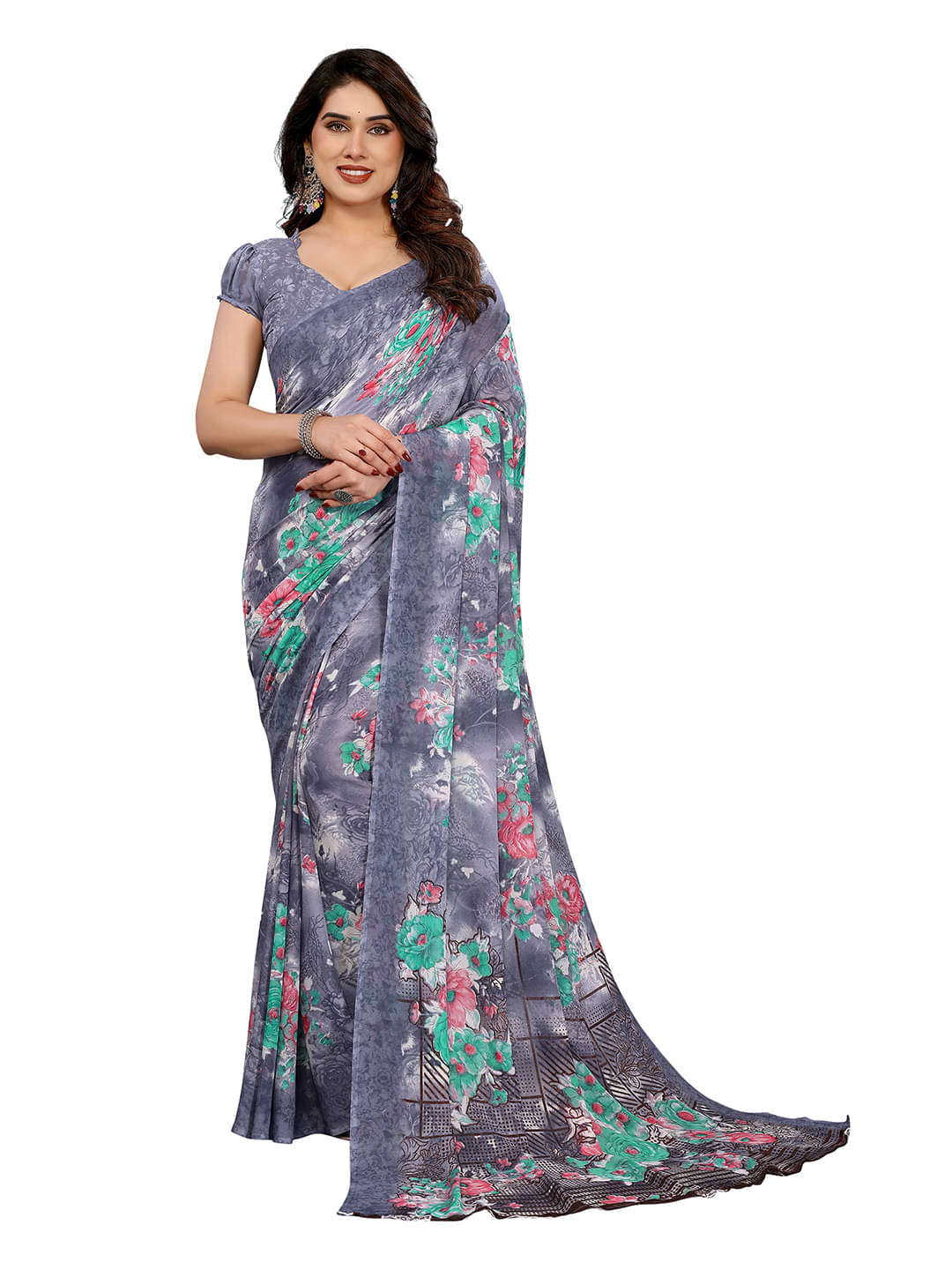 ANAND SAREES Georgette Printed Chanderi saree With Unstitched Blouse Piece ( Grey ) ANAND SAREES Georgette Printed Chanderi saree With Unstitched Blouse Piece ( Grey )
