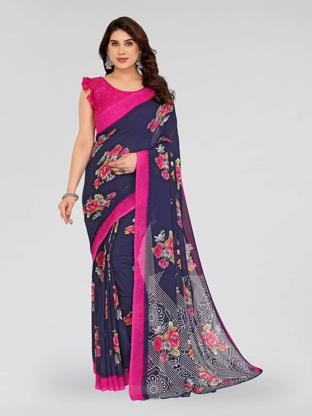 ANAND SAREES Georgette Printed Chanderi saree With Unstitched Blouse Piece ( Blue )     			ANAND SAREES Georgette Printed Chanderi saree With Unstitched Blouse Piece ( Blue )