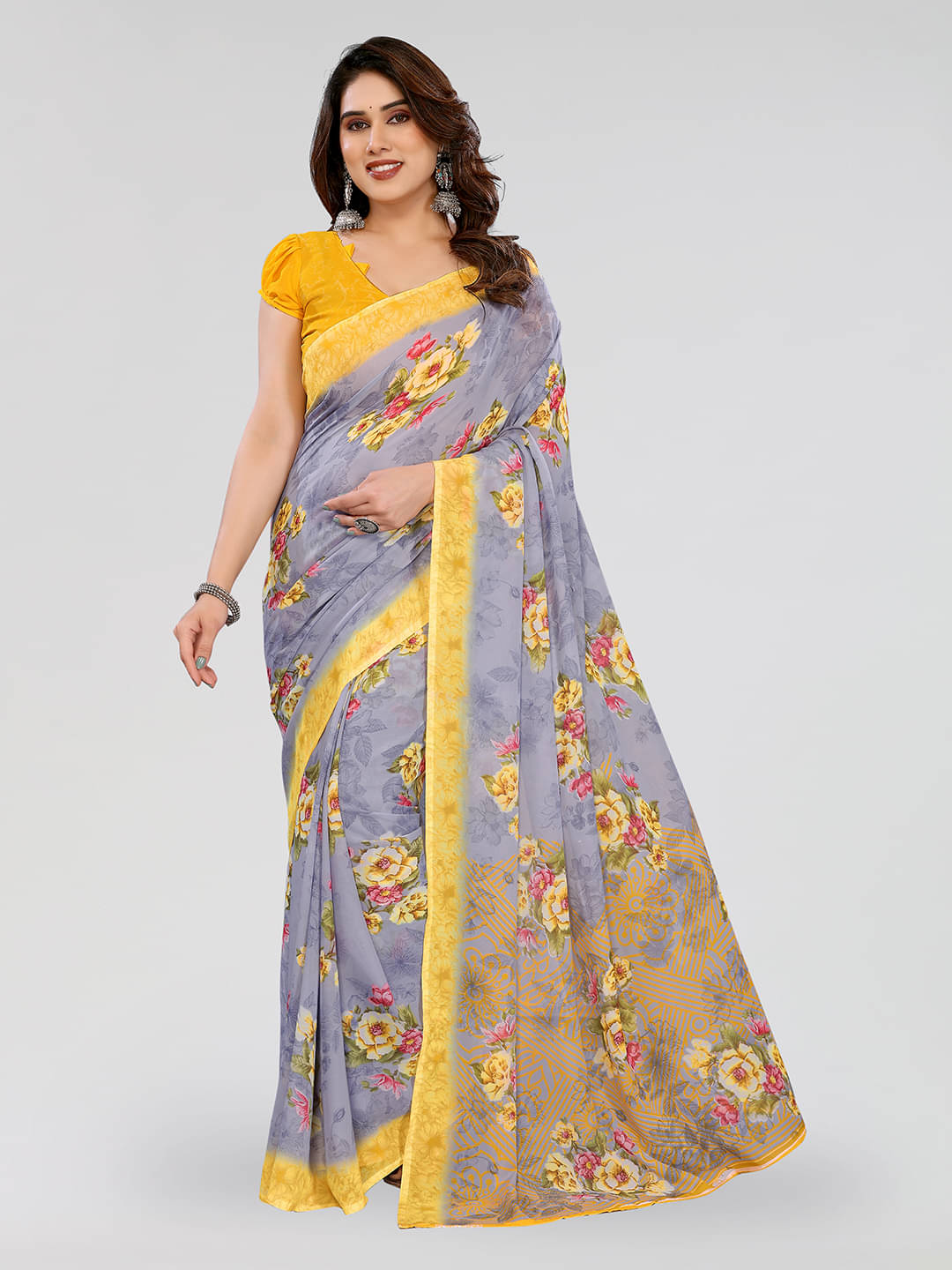     			ANAND SAREES Georgette Printed Chanderi saree With Unstitched Blouse Piece ( Grey )
