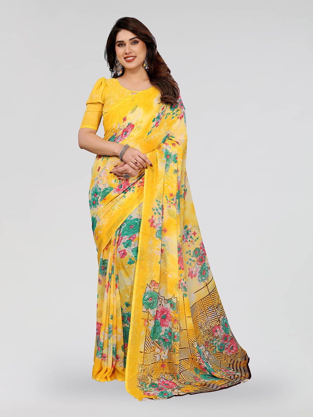     			ANAND SAREES Georgette Printed Chanderi saree With Unstitched Blouse Piece ( Yellow )