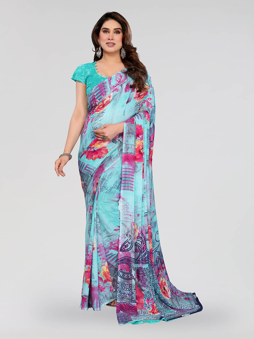 ANAND SAREES Georgette Printed Chanderi saree With Unstitched Blouse Piece ( Rama ) ANAND SAREES Georgette Printed Chanderi saree With Unstitched Blouse Piece ( Rama )