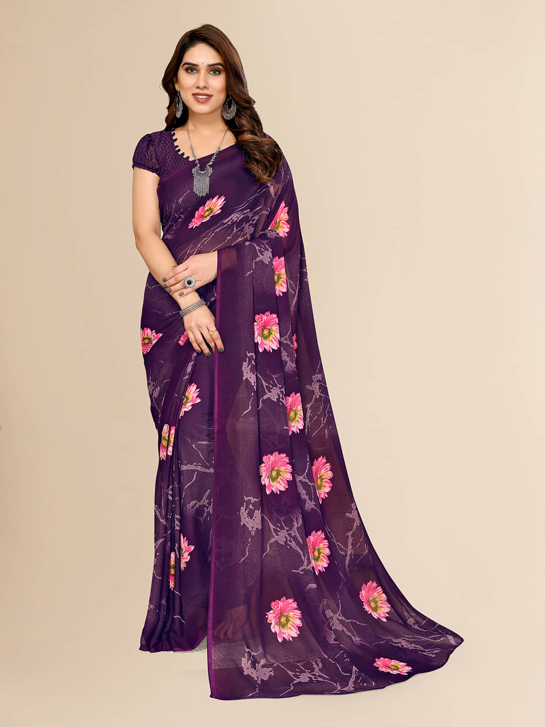     			ANAND SAREES Georgette Printed Chanderi saree With Unstitched Blouse Piece ( Purple )