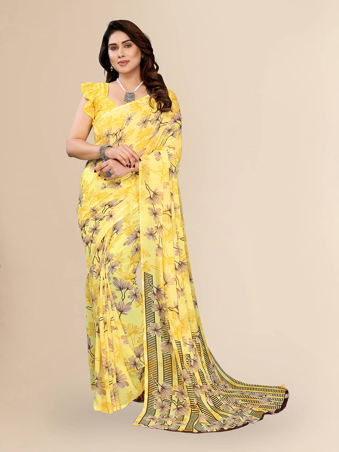 ANAND SAREES Georgette Printed Chanderi saree With Unstitched Blouse Piece ( Yellow ) ANAND SAREES Georgette Printed Chanderi saree With Unstitched Blouse Piece ( Yellow )