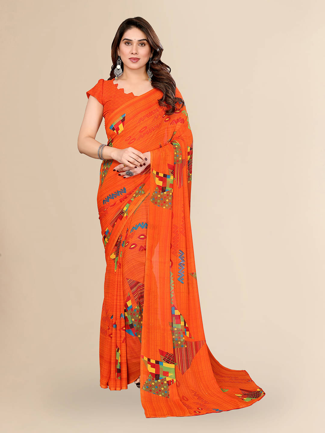     			ANAND SAREES Georgette Printed Chanderi saree With Unstitched Blouse Piece ( Orange )