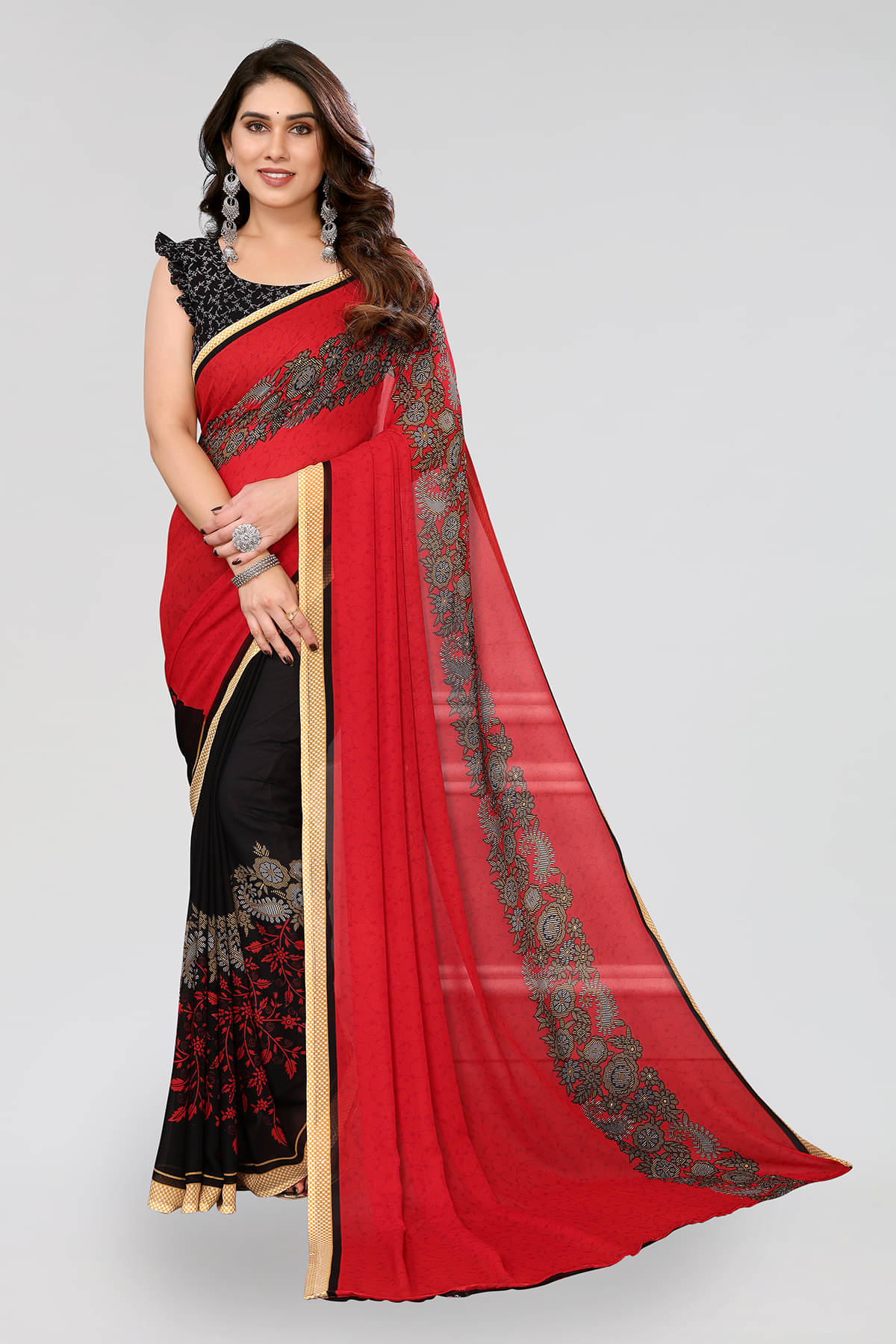     			ANAND SAREES Georgette Printed Chanderi saree With Unstitched Blouse Piece ( Red )