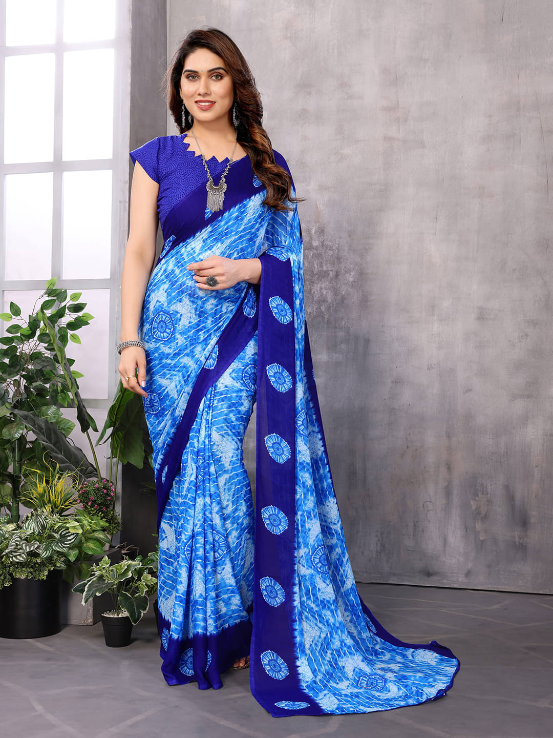     			ANAND SAREES Georgette Printed Leheriya Saree With Unstitched Blouse Piece ( Blue )