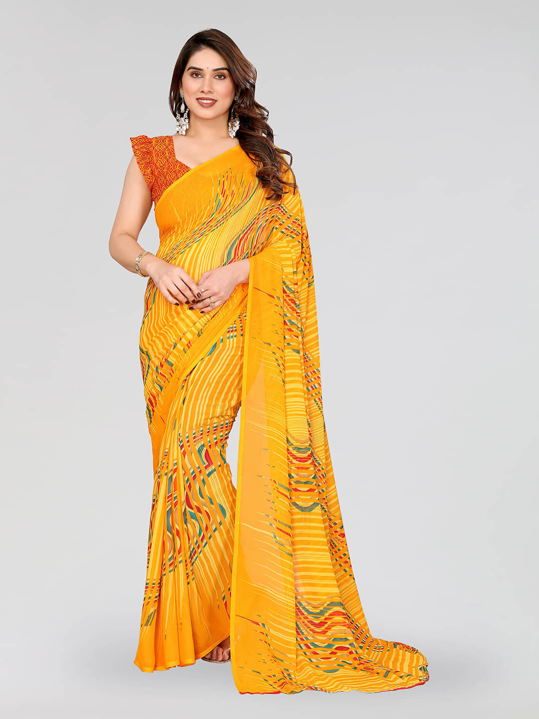     			ANAND SAREES Georgette Printed Leheriya Saree With Unstitched Blouse Piece ( Yellow )