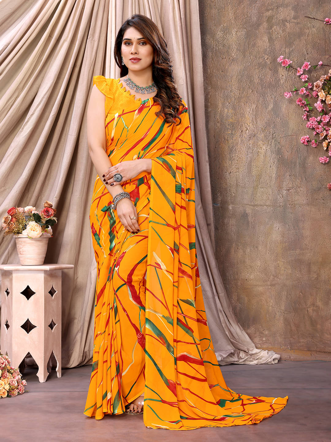 ANAND SAREES Georgette Printed Leheriya Saree With Unstitched Blouse Piece ( Yellow ) ANAND SAREES Georgette Printed Leheriya Saree With Unstitched Blouse Piece ( Yellow )