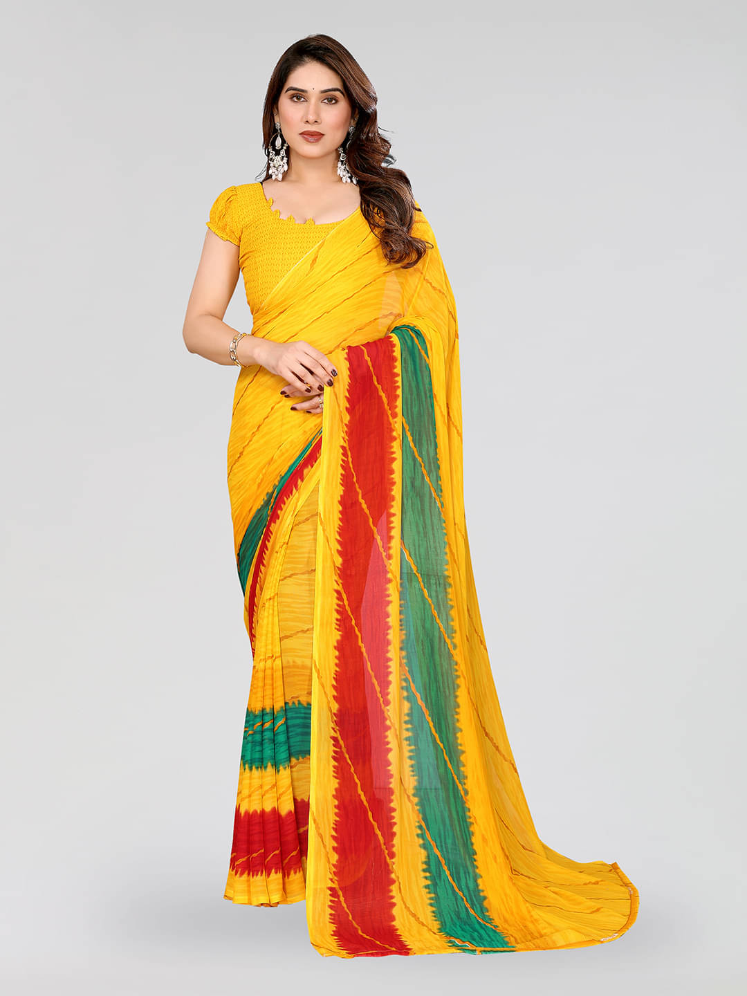 ANAND SAREES Georgette Printed Leheriya Saree With Unstitched Blouse Piece ( Yellow ) ANAND SAREES Georgette Printed Leheriya Saree With Unstitched Blouse Piece ( Yellow )