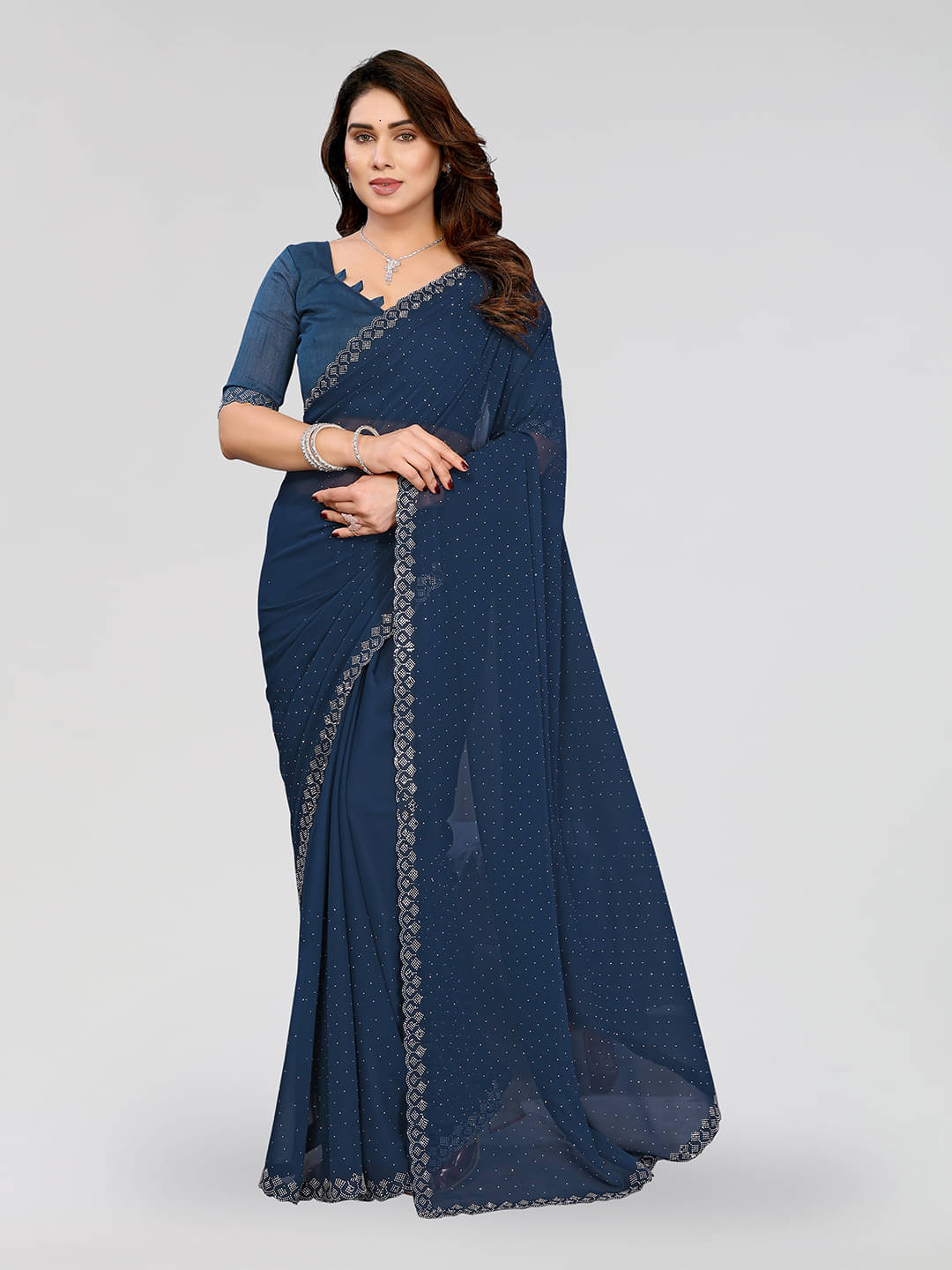     			ANAND SAREES Georgette Self Design Kasavu Saree With Unstitched Blouse Piece ( Blue )