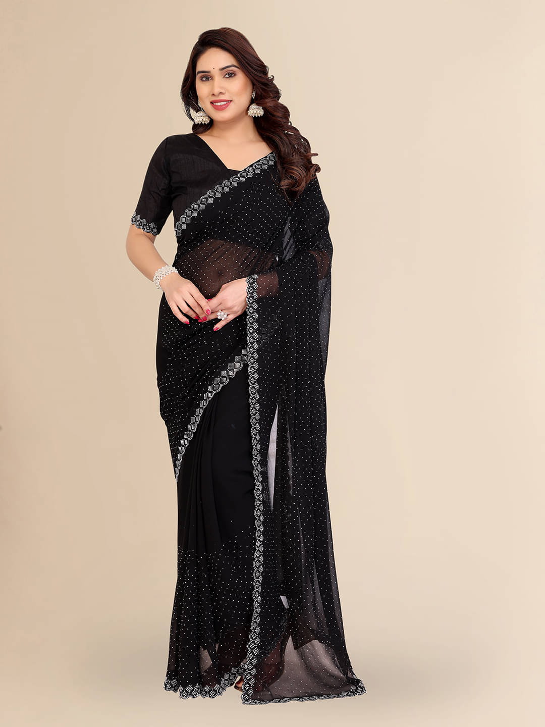 ANAND SAREES Georgette Self Design Kasavu Saree With Unstitched Blouse Piece ( Black ) ANAND SAREES Georgette Self Design Kasavu Saree With Unstitched Blouse Piece ( Black )