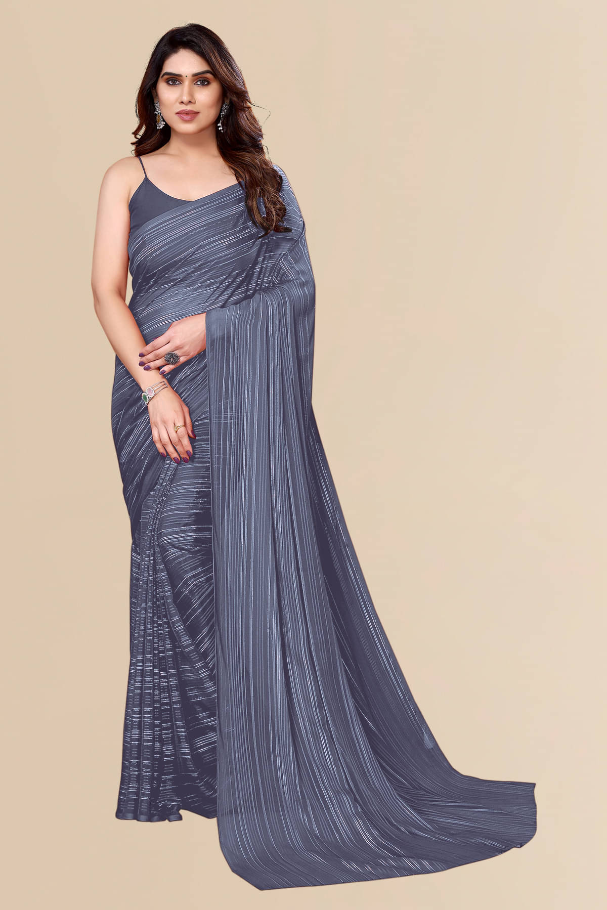     			ANAND SAREES Satin Embellished Chanderi saree With Unstitched Blouse Piece ( Grey )