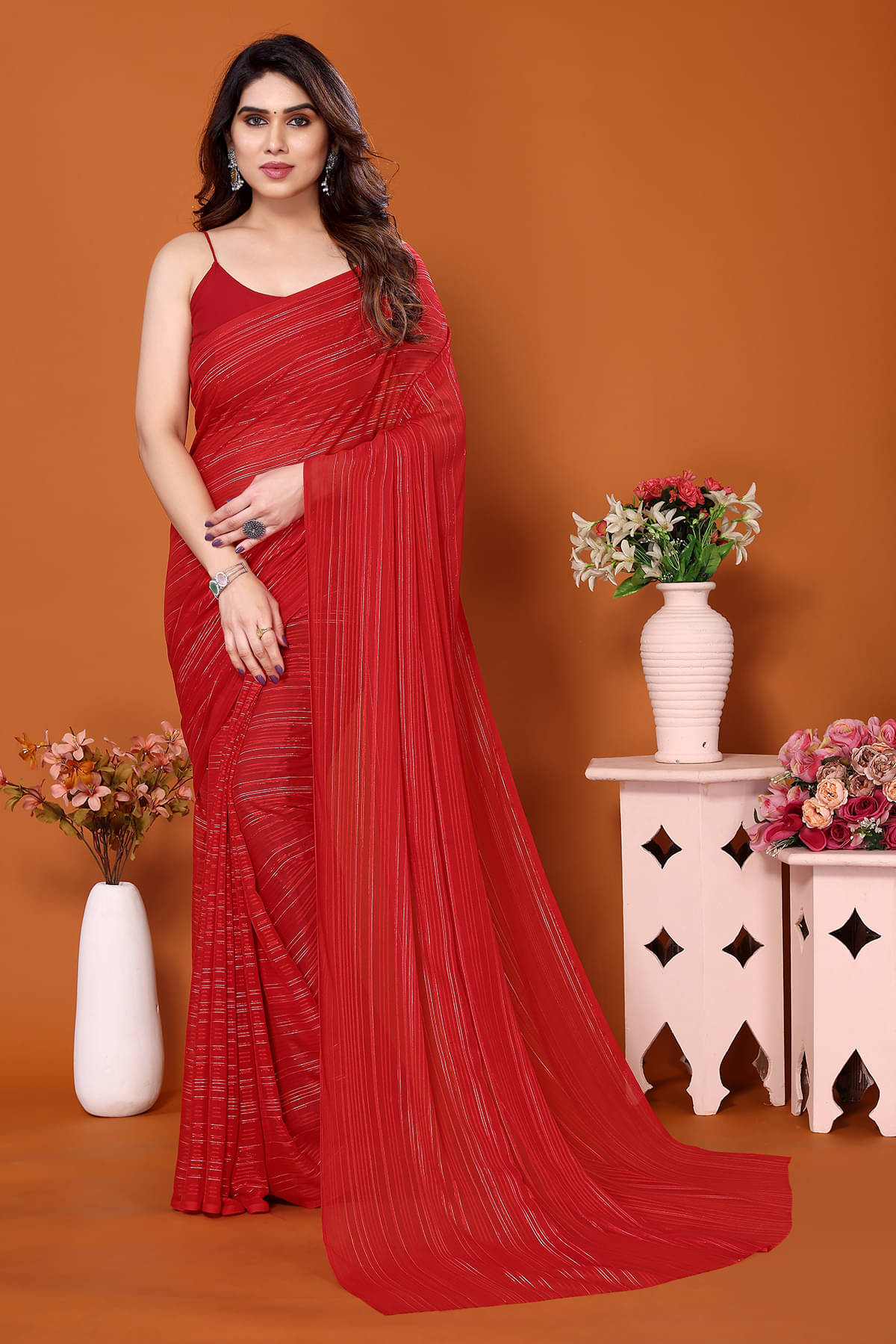     			ANAND SAREES Satin Embellished Chanderi saree With Unstitched Blouse Piece ( Red )