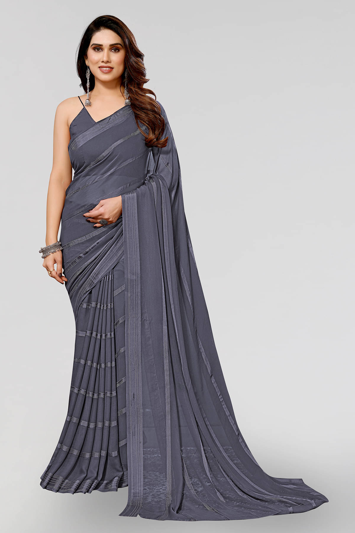 ANAND SAREES Satin Embellished Kasavu Saree With Unstitched Blouse Piece ( Grey ) ANAND SAREES Satin Embellished Kasavu Saree With Unstitched Blouse Piece ( Grey )