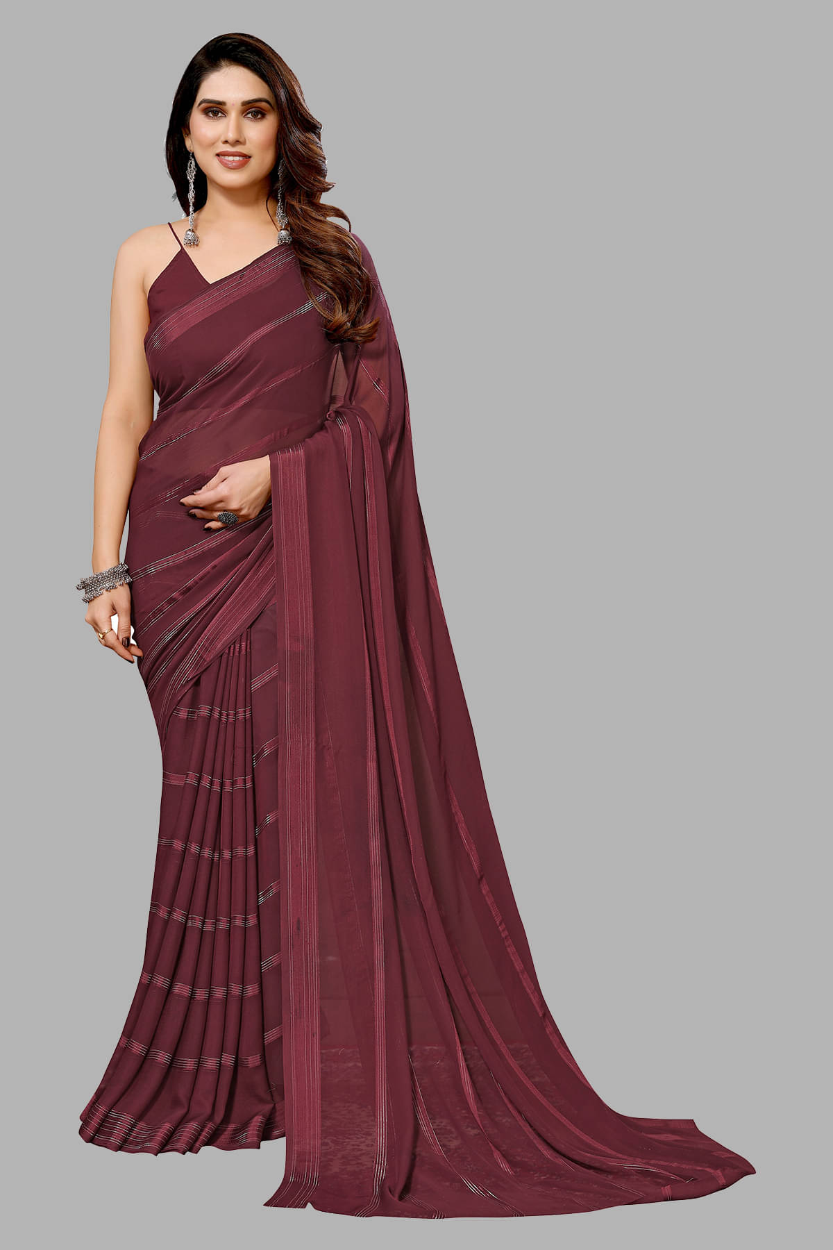 ANAND SAREES Satin Embellished Kasavu Saree With Unstitched Blouse Piece ( Brown ) ANAND SAREES Satin Embellished Kasavu Saree With Unstitched Blouse Piece ( Brown )