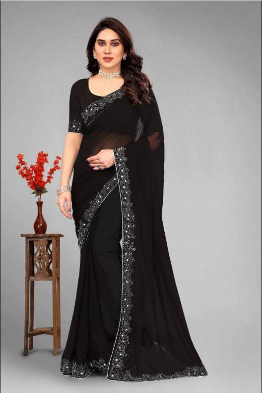     			DHIMS TOGGERY Chiffon Embroidered Regular Saree With Unstitched Blouse Piece ( Black )