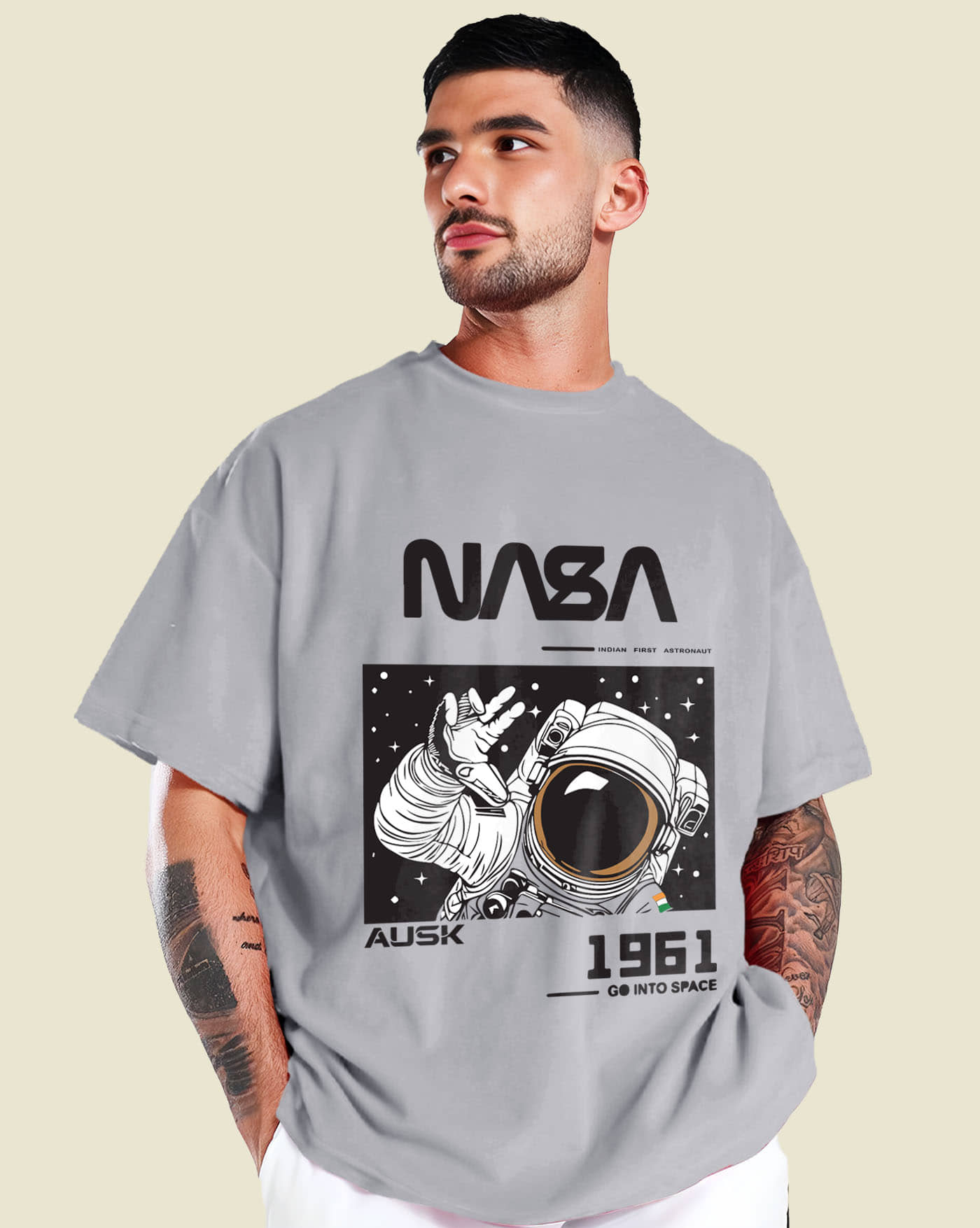 ENITOR Men Cotton Blend Oversized Fit Printed T-Shirt ( Grey )