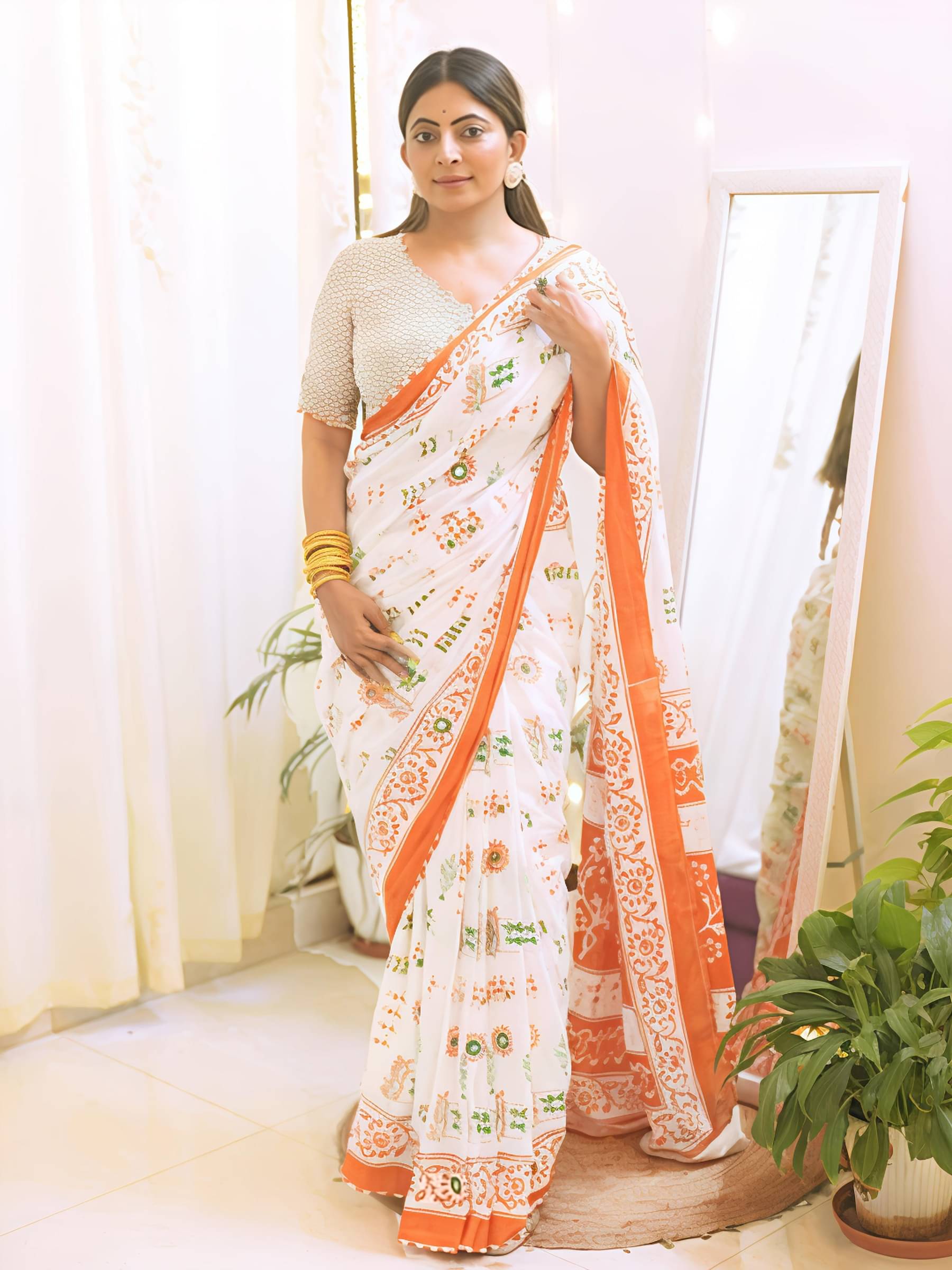     			Grubstaker Linen Printed Regular Saree With Unstitched Blouse Piece ( Multicolor 3 )