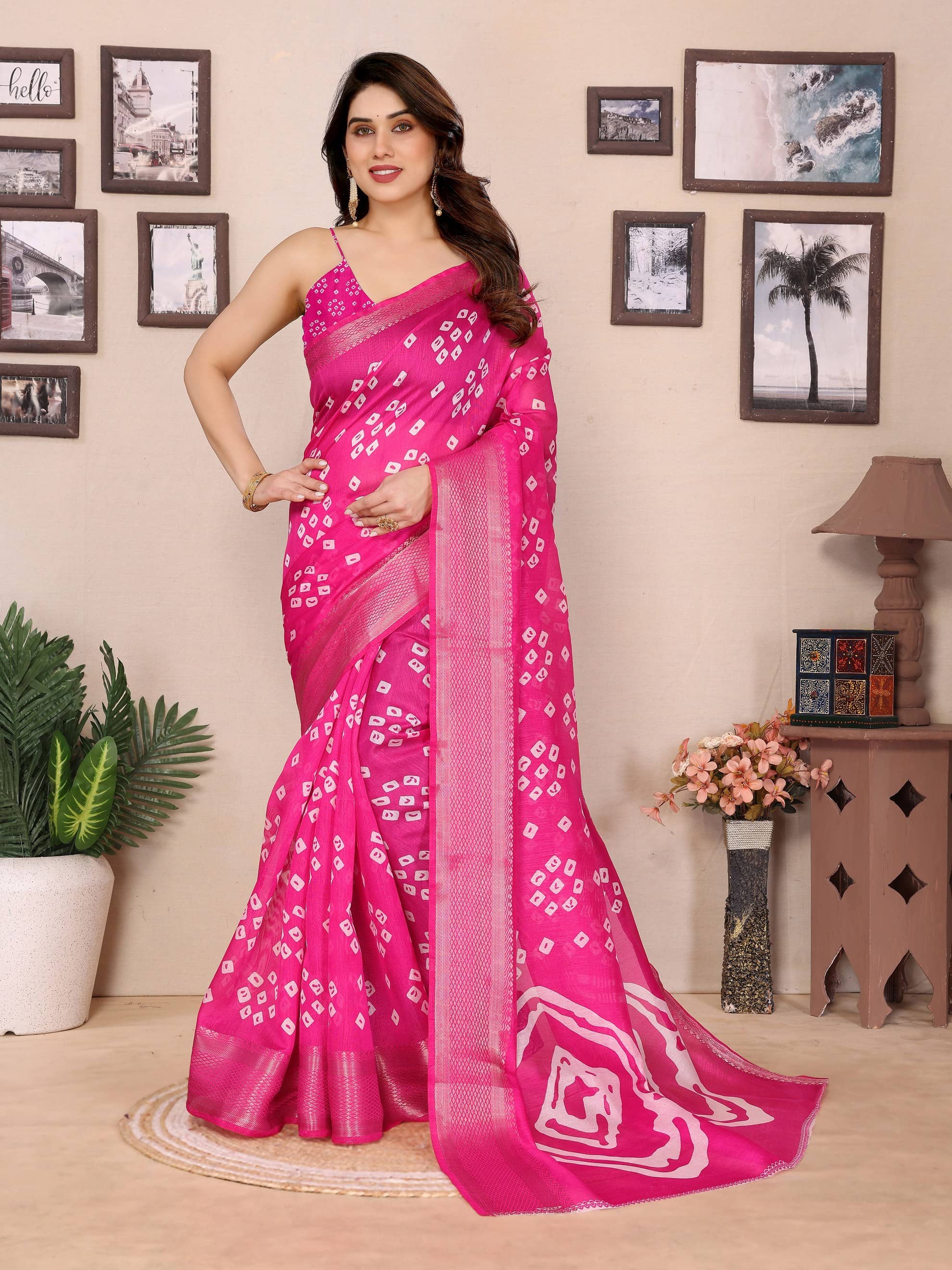 HEMA SILK MILLS Cotton Blend Printed Regular Saree With Unstitched Blouse Piece ( Pink ) - Sarees | Buy online on ZillyBuy