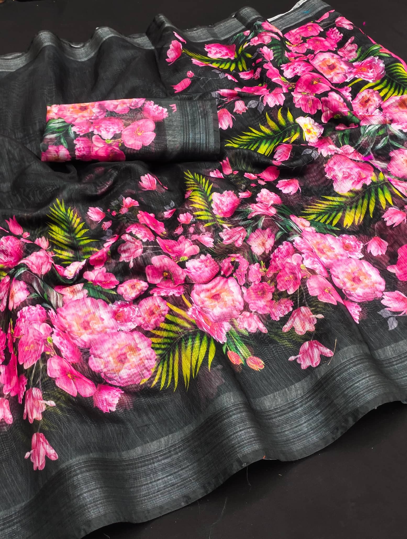 HEMA SILK MILLS Linen Printed Regular Saree With Unstitched Blouse Piece ( Black ) - Sarees | Buy online on ZillyBuy