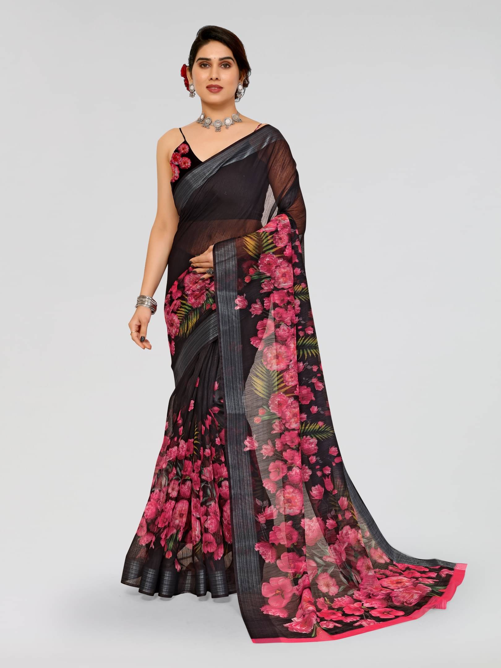 HEMA SILK MILLS Linen Printed Regular Saree With Unstitched Blouse Piece ( Black ) HEMA SILK MILLS Linen Printed Regular Saree With Unstitched Blouse Piece ( Black )