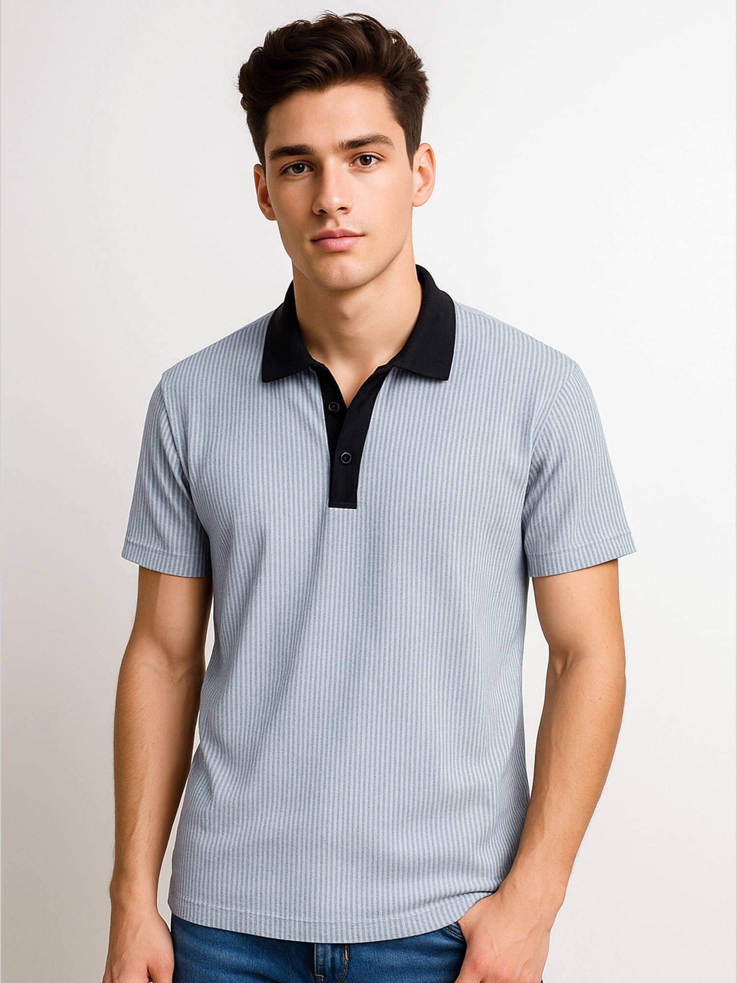 JUMP CUTS Men Cotton Blend Slim Fit Striped Polo T Shirt ( Grey ) JUMP CUTS Men Cotton Blend Slim Fit Striped Polo T Shirt ( Grey )