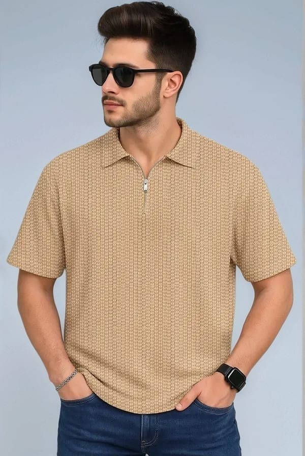 JUMP CUTS Men Cotton Blend Regular Fit Self Design Polo T Shirt ( Beige ) JUMP CUTS Men Cotton Blend Regular Fit Self Design Polo T Shirt ( Beige )