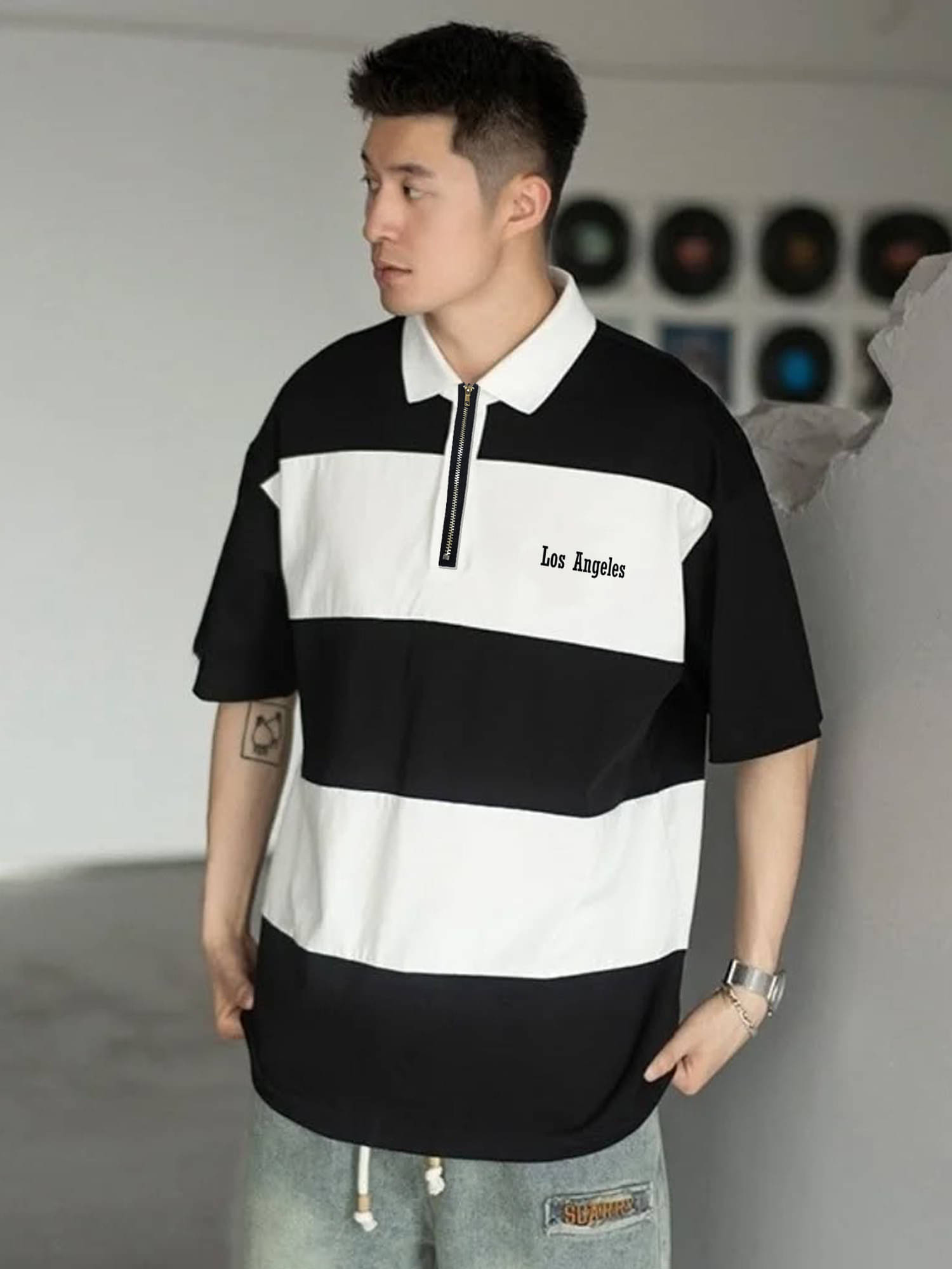     			JUMP CUTS Men Cotton Blend Oversized Fit Printed Polo T Shirt ( Multicolor )