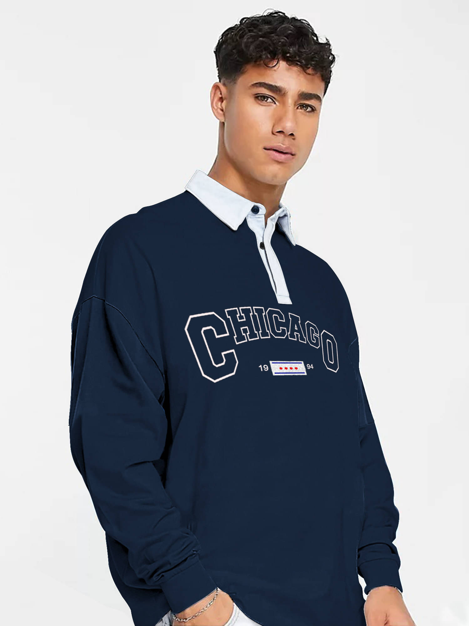     			JUMP CUTS Men Cotton Blend Oversized Fit Printed Polo T Shirt ( Navy Blue )