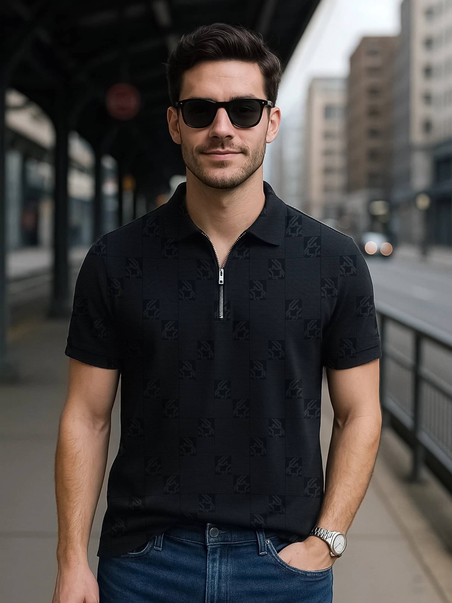     			JUMP CUTS Men Polyester Slim Fit Colorblock Polo T Shirt ( Black )