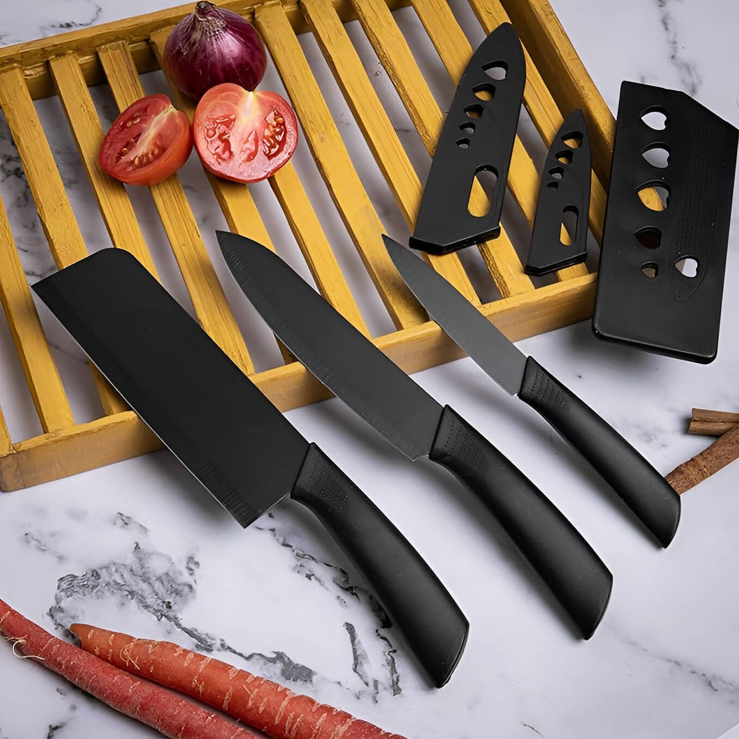     			Premium 3-Piece Black Stainless Steel Kitchen Knife Set with Protective Sheaths – Heart-Shaped Cutout Design – Non-Stick Coated Blades – Ergonomic Anti-Slip Handles – Multipurpose Chef, Utility & Chopping Knives for Home Cooking