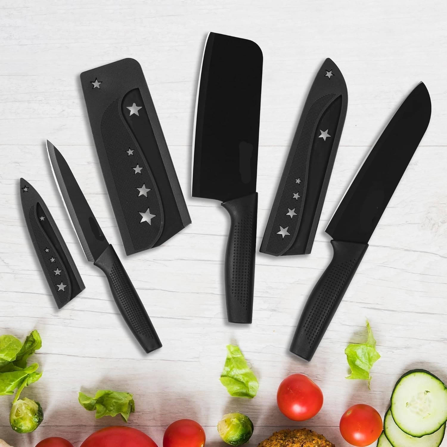     			Premium 3-Piece Black Stainless Steel Kitchen Knife Set with Protective Sheaths – Heart-Shaped Cutout Design – Non-Stick Coated Blades – Ergonomic Anti-Slip Handles – Multipurpose Chef, Utility & Chopping Knives for Home Cooking