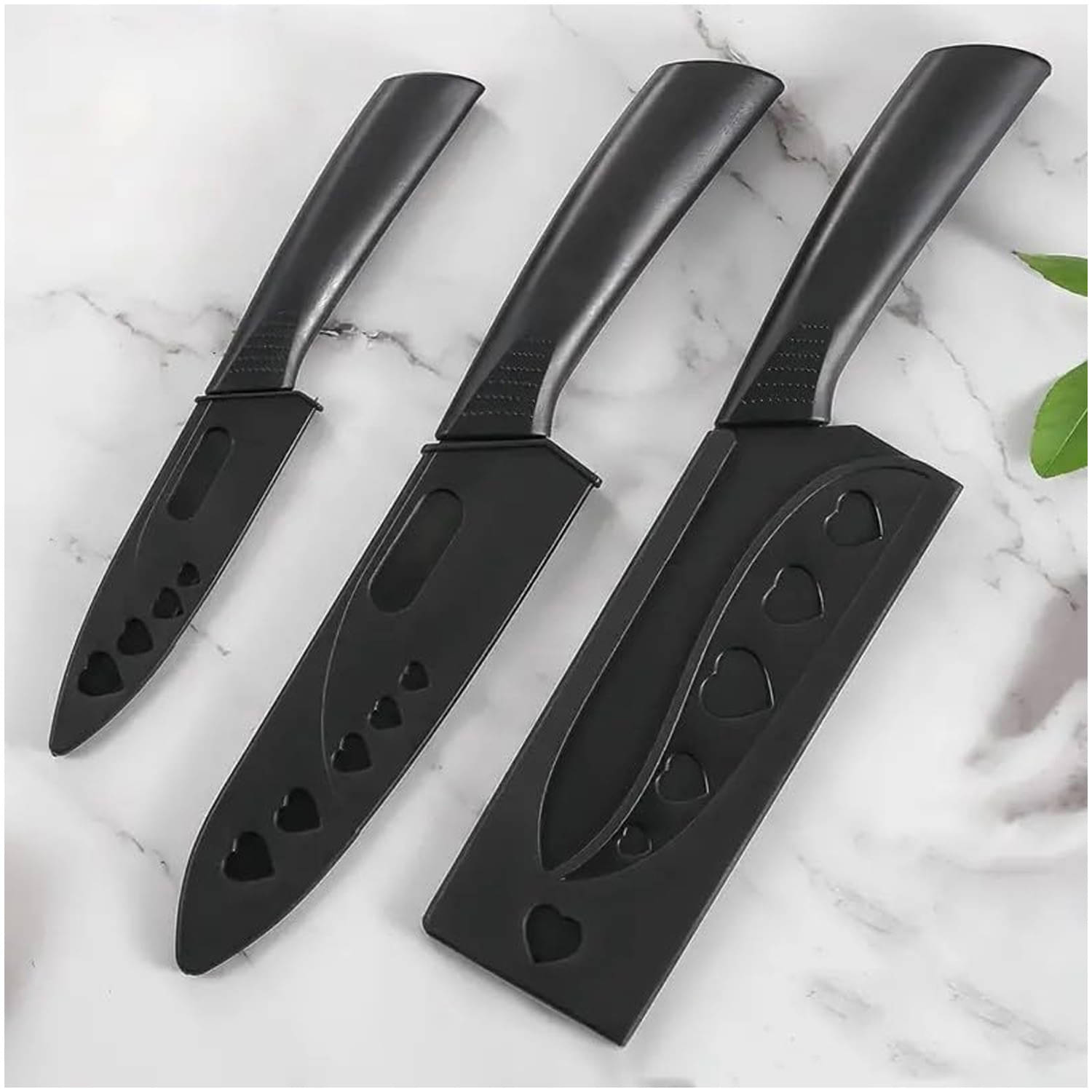     			Premium 3-Piece Black Stainless Steel Kitchen Knife Set with Protective Sheaths – Heart-Shaped Cutout Design – Non-Stick Coated Blades – Ergonomic Anti-Slip Handles – Multipurpose Chef, Utility & Chopping Knives for Home Cooking