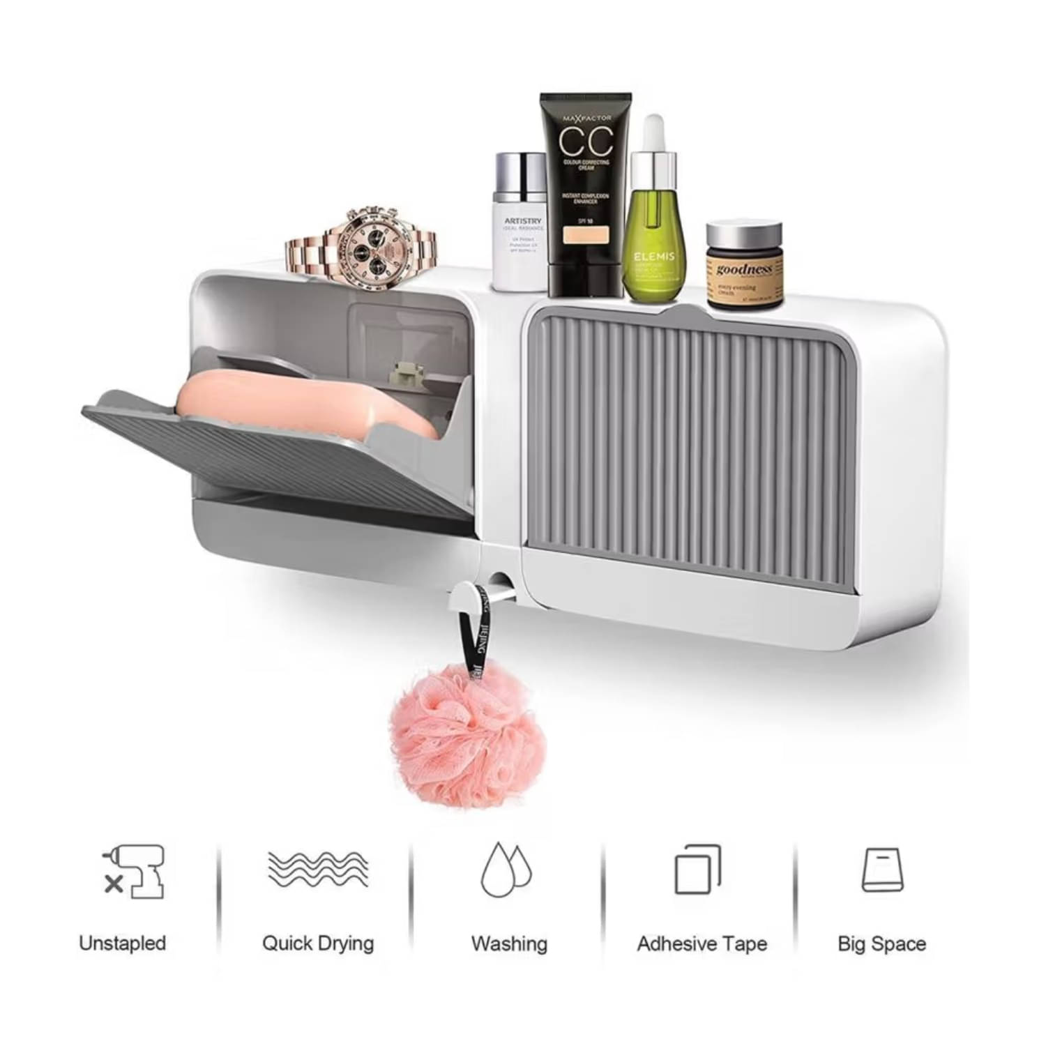     			Radhe Creation Soap Holder Soap Box with Lid 2 Grid, All-in-One Bathroom Wall Shelf – Sliding Cover Storage for, Soap, Cosmetics, Smartwatch – Minimalist Wall Organizer