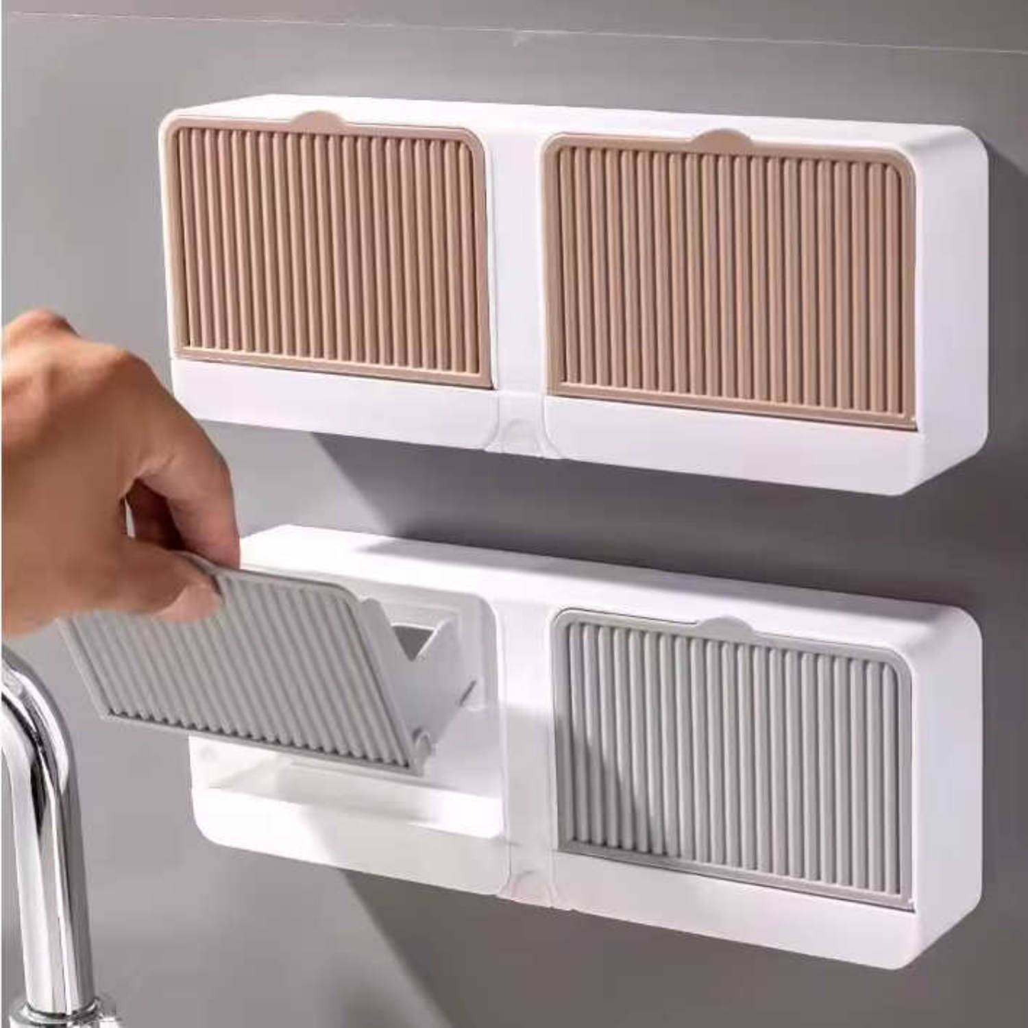     			Radhe Creation Soap Holder Soap Box with Lid 2 Grid, All-in-One Bathroom Wall Shelf – Sliding Cover Storage for, Soap, Cosmetics, Smartwatch – Minimalist Wall Organizer