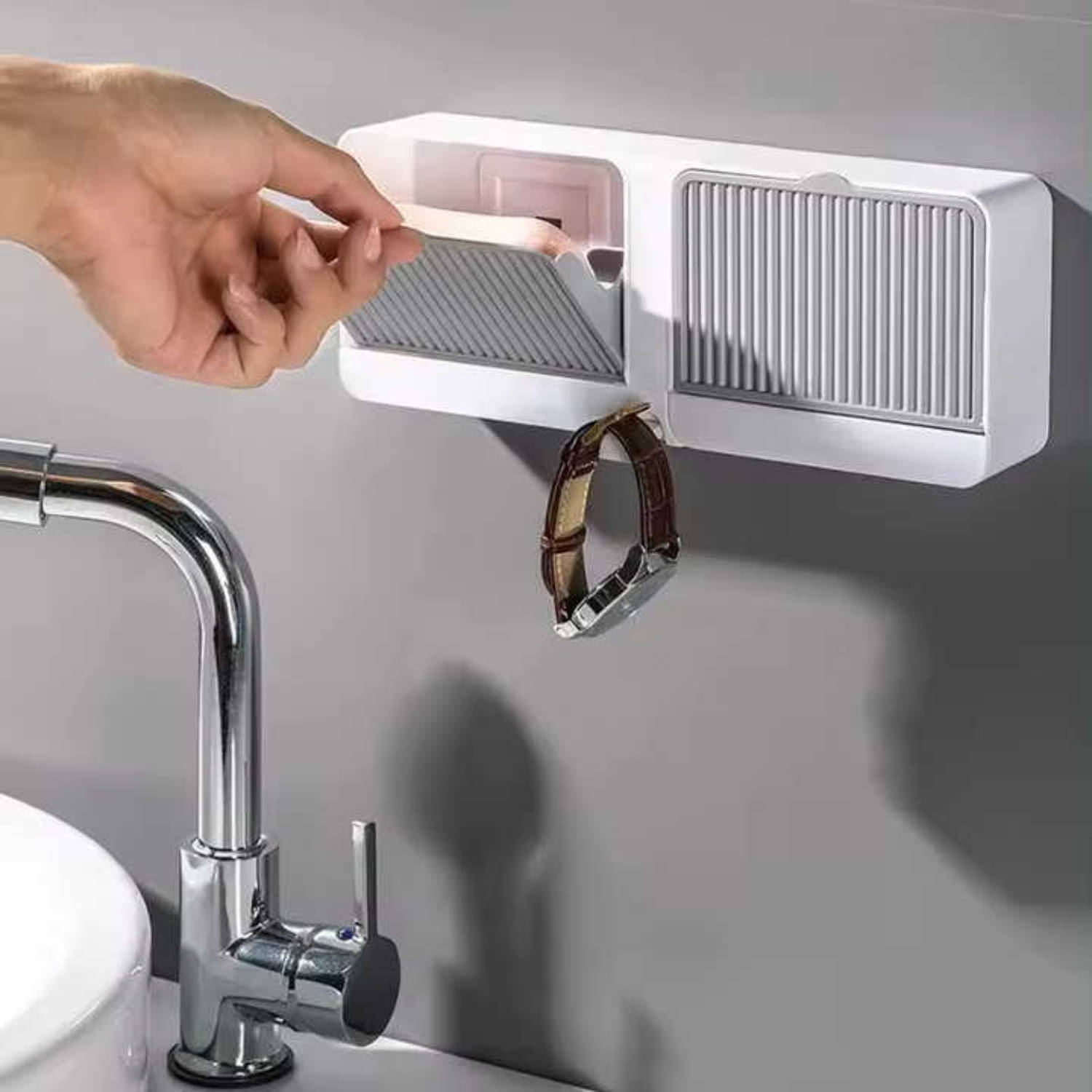     			Radhe Creation Soap Holder Soap Box with Lid 2 Grid, Bathroom Wall Shelf Organizer with Sliding Cover – Modern Storage Box for Skincare, Soap, Toothbrush & Accessories – Space Saving Design