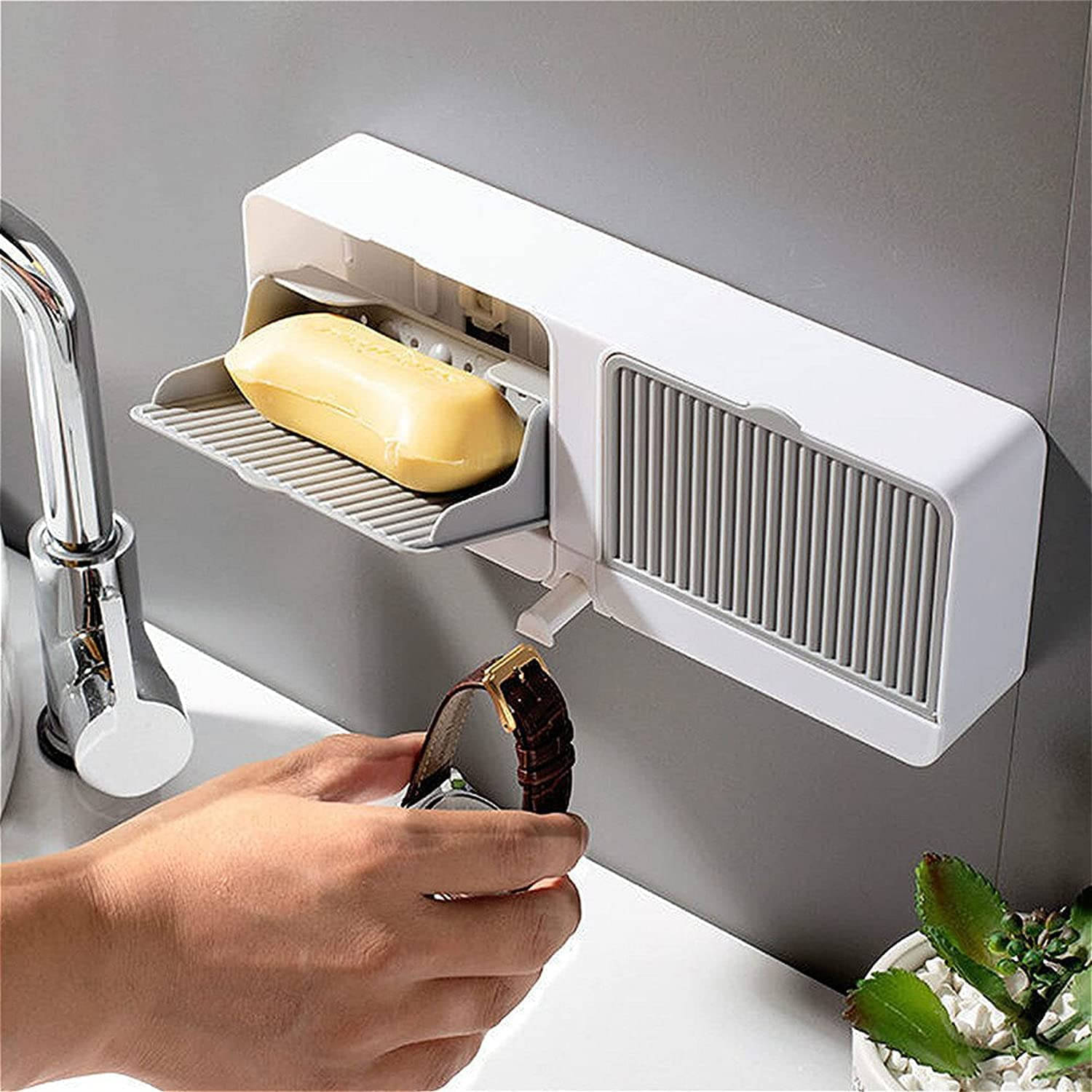     			Radhe Creation Soap Holder Soap Box with Lid 2 Grid, All-in-One Bathroom Wall Shelf – Sliding Cover Storage for, Soap, Cosmetics, Smartwatch – Minimalist Wall Organizer
