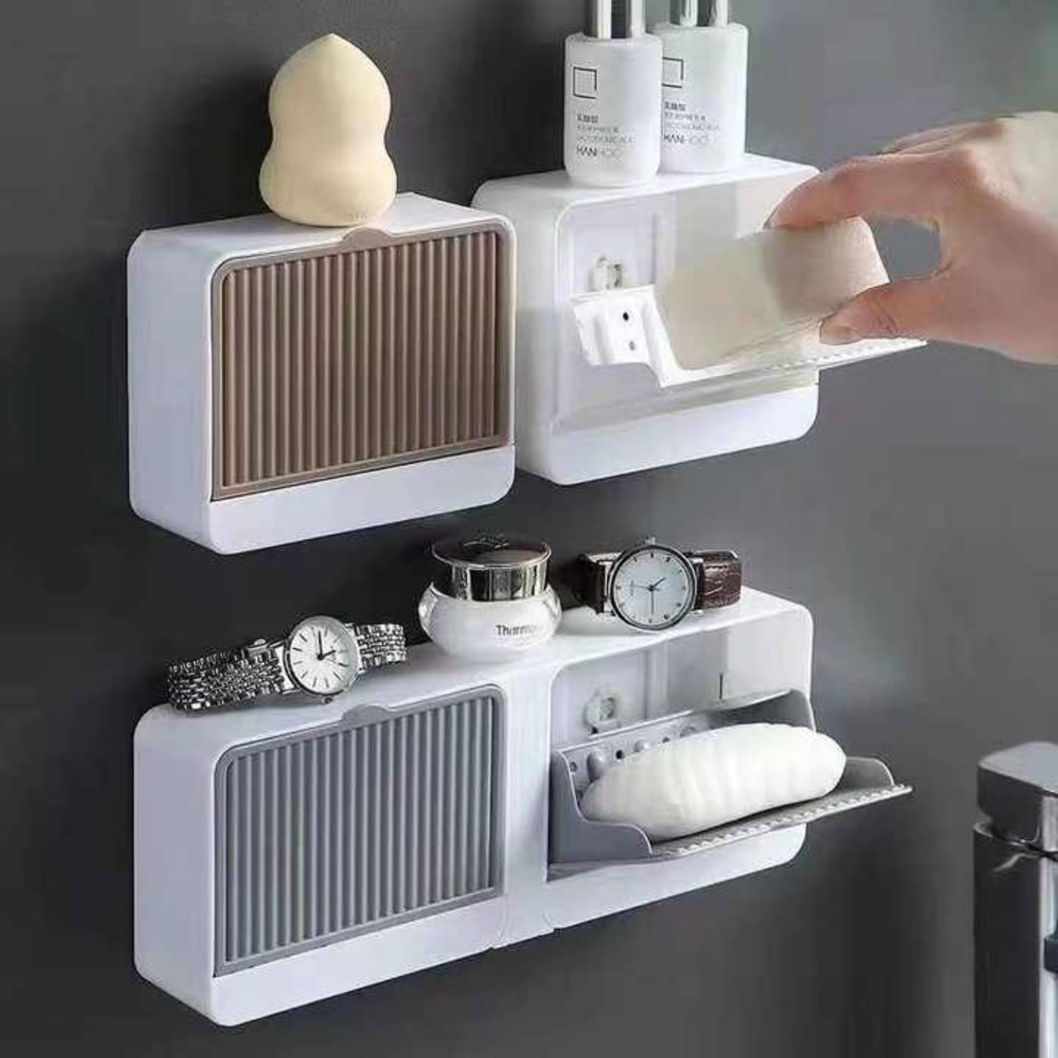     			Radhe Creation Soap Holder soap holder soap case soap dispenser No-Drilling Clamshell soap Box Wall-Mounted with Cover Double Grid-Asphalt Toilet Laundry soap New Box soap Box (1 Pack)