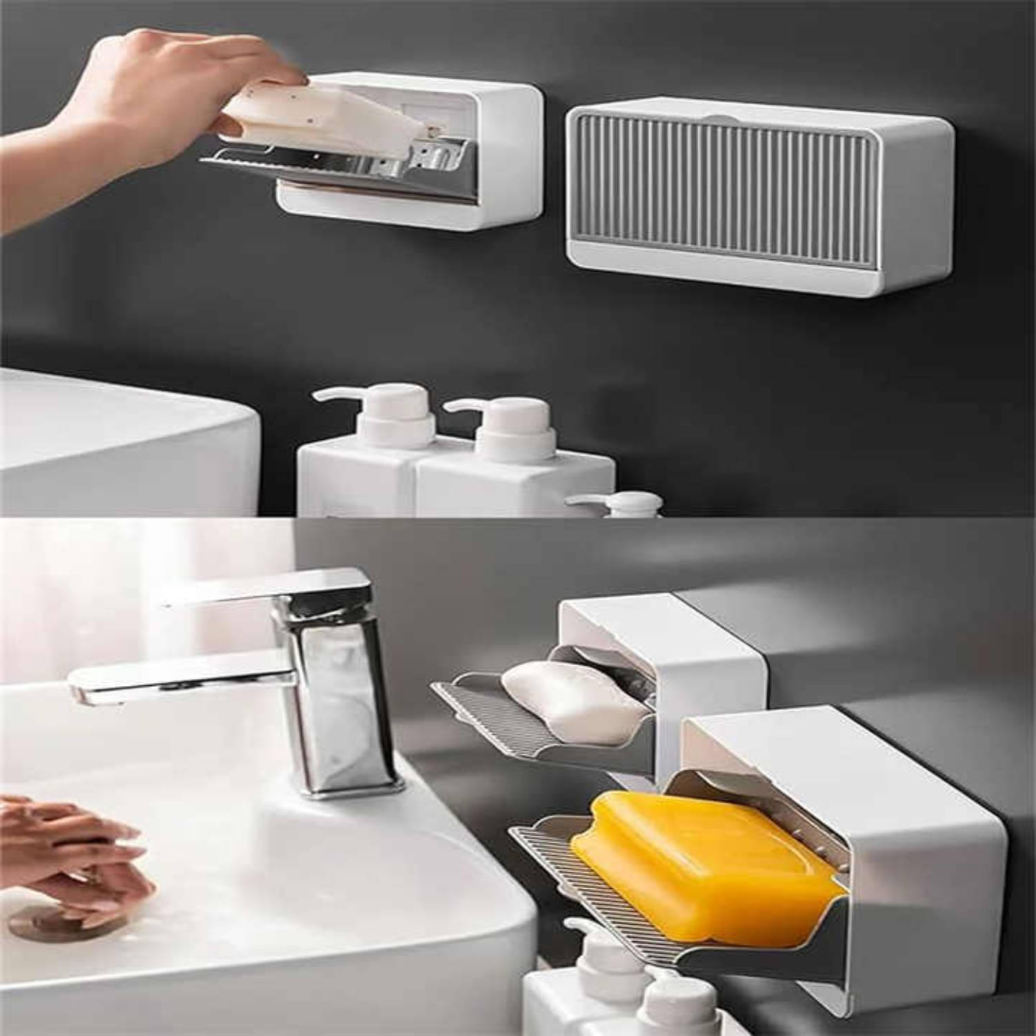     			Radhe Creation Soap case,  Double Grids Soap Holder, Wall-Mounted with Cover Double Grid-Asphalt Toilet Laundry soap Box, No Drilling Clamshell soap Box, Soap Holder for Bathroom, Drainage Box with Cover Soap Holder