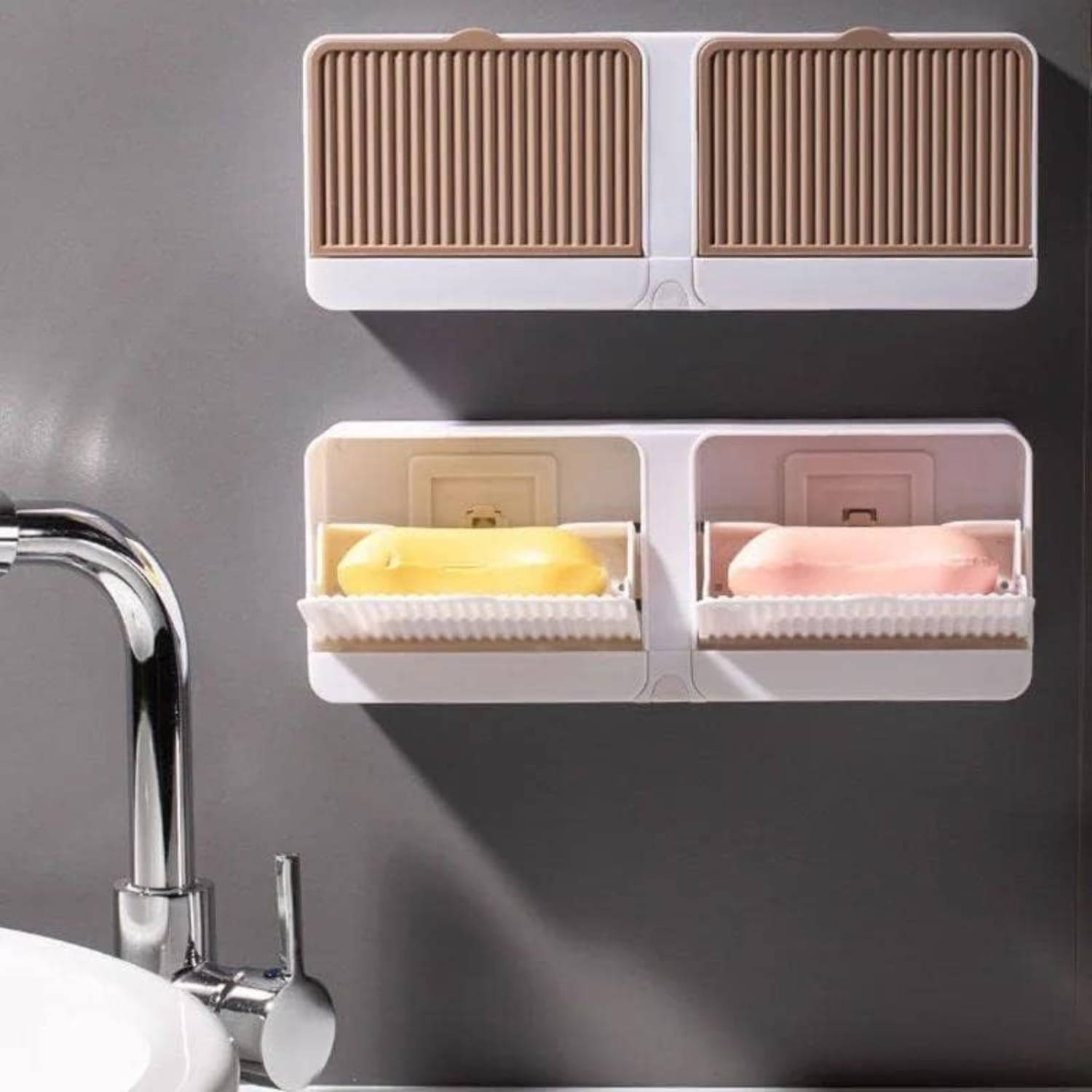     			Radhe Creation Soap case,  Double Grids Soap Holder, Wall-Mounted with Cover Double Grid-Asphalt Toilet Laundry soap Box, No Drilling Clamshell soap Box, Soap Holder for Bathroom, Drainage Box with Cover Soap Holder