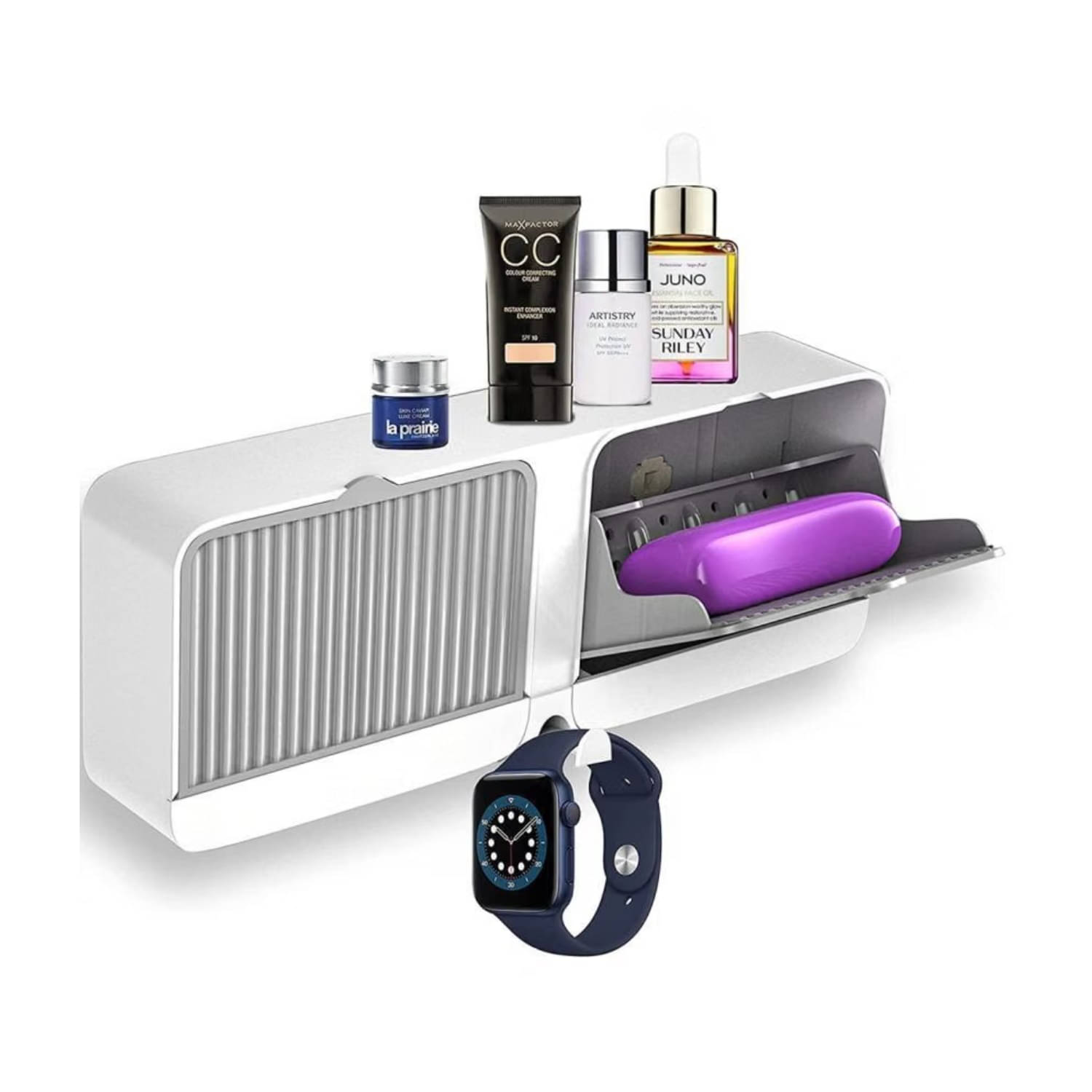     			Radhe Creation Wall Mounted Bathroom Storage Organizer with Sliding Cover, Toothbrush Holder, Cosmetic Shelf & Watch Hook – Waterproof, Space Saving Bathroom Shelf