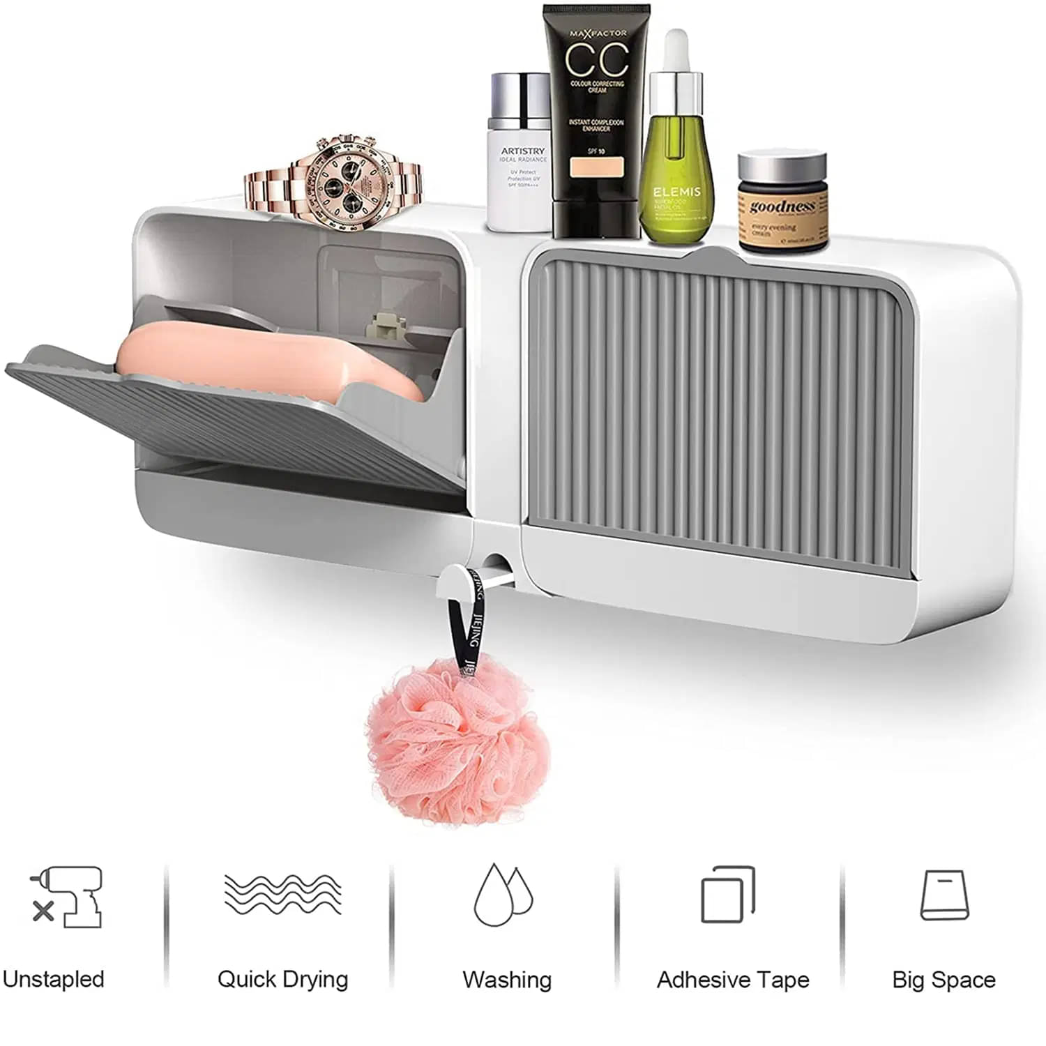     			Radhe Creation Wall mounted bathroom organizer, bathroom wall shelf, toothbrush holder with cover, bathroom storage rack, bathroom wall cabinet, wall mounted toothbrush holder, soap holder with cover, bathroom storage box